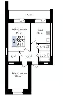 2-к квартира, строящийся дом, 61м2, 4/14 этаж